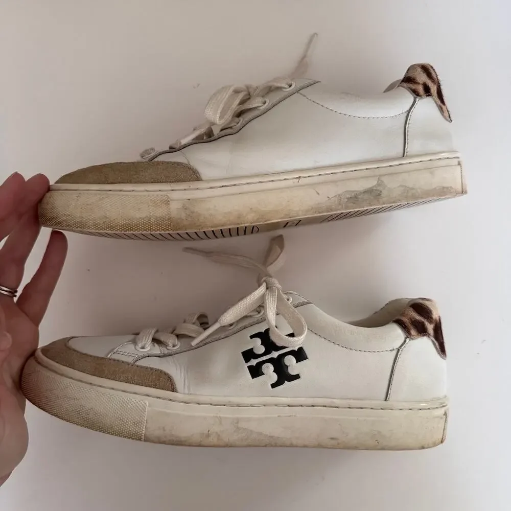 Tory Burch White Leather Andrea Color Block Logo Court Sneakers Womens Size 8